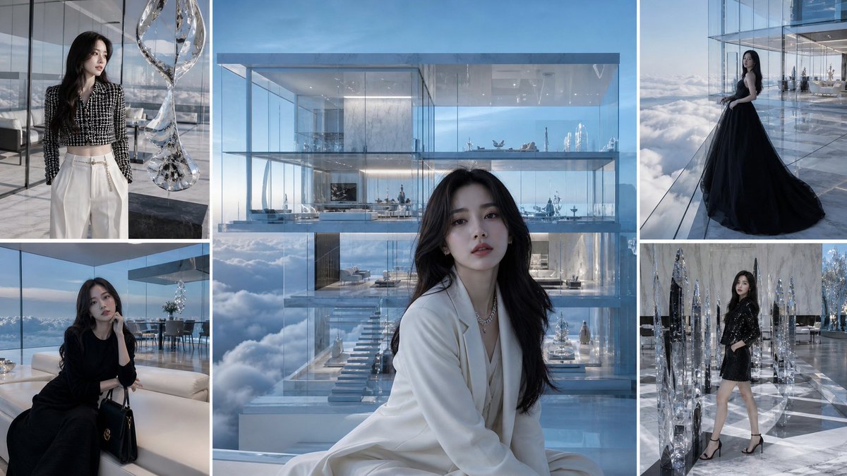 Goal Create a Luxury Fashion Mood-board Collage Featuring an Anonymous Elegant Woman Inside an Ultra-modern